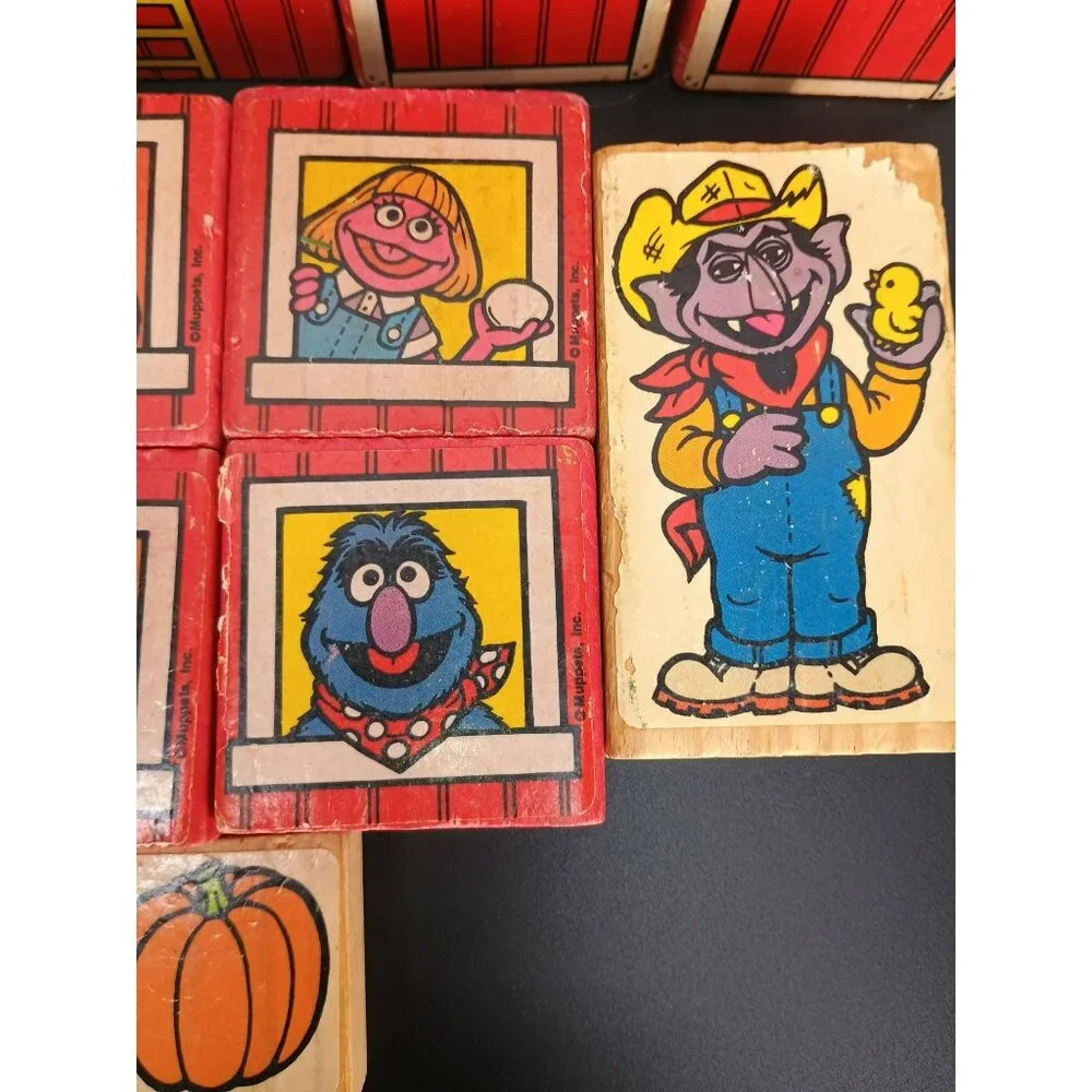 Vintage 1980s Sesame Street Wooden Blocks With Farm Characters & Barn Doors Educ